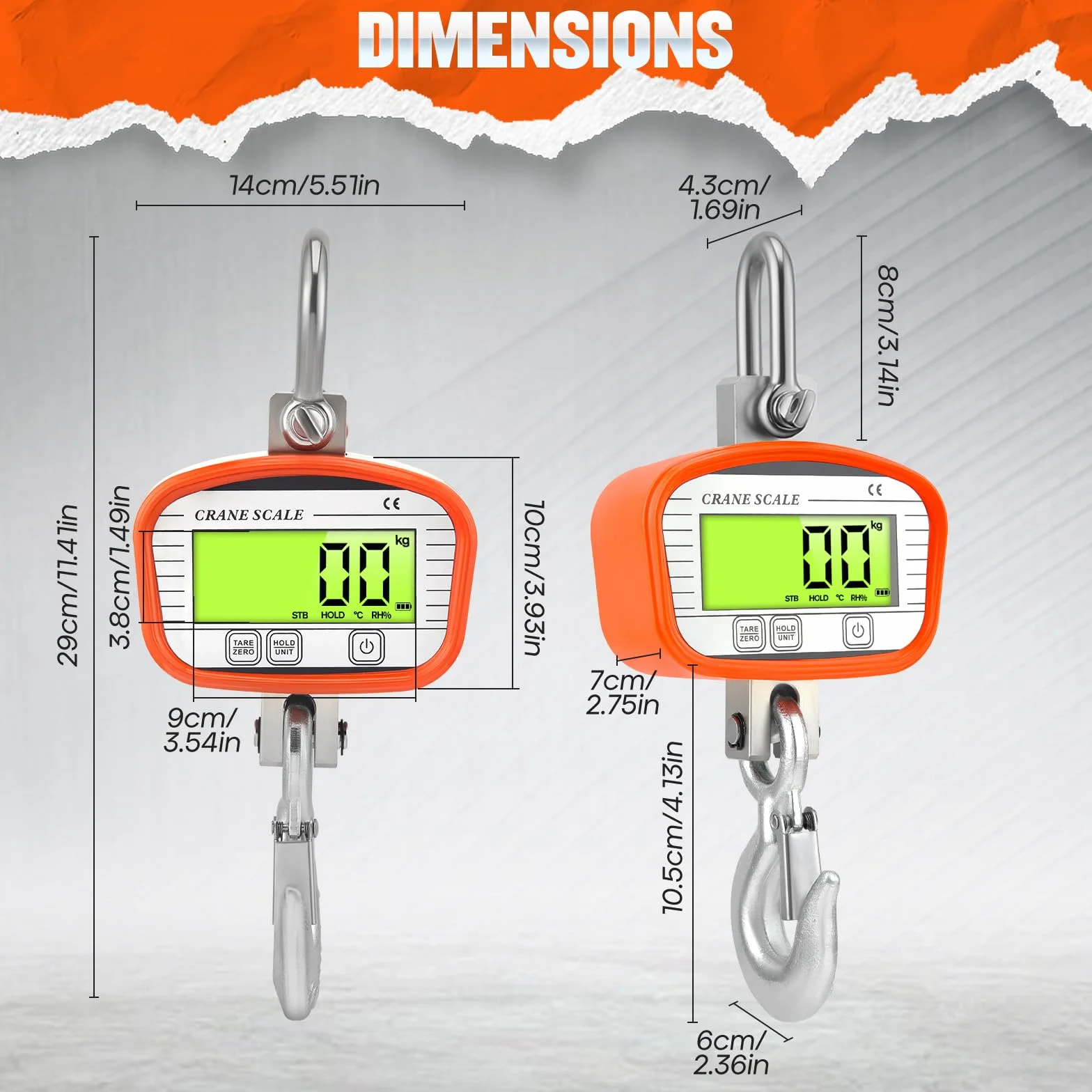 Digitale Kranwaage 1000kg/2200lbs, Industrielle Hängewaage, Hängende Waage mit präzisem Sensor & LCD-Anzeige für Bauernhof, Fabrik, Jagd (Orange, 1000KG)