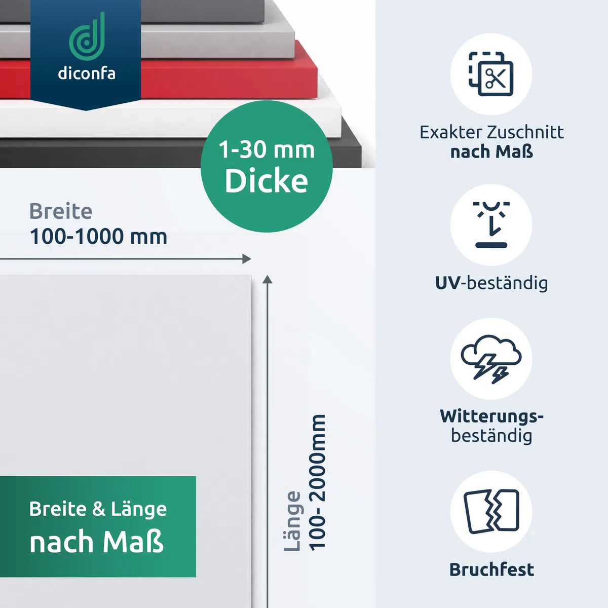 diconfa PVC Kunststoffplatte natur weiß NACH MAß - 1 bis 10mm stark - 800 x 1200mm (80 x 120cm), 6mm dick - hart seidenmatt weiss porenlos glatte Oberfläche - einseitig Schutzfolie
