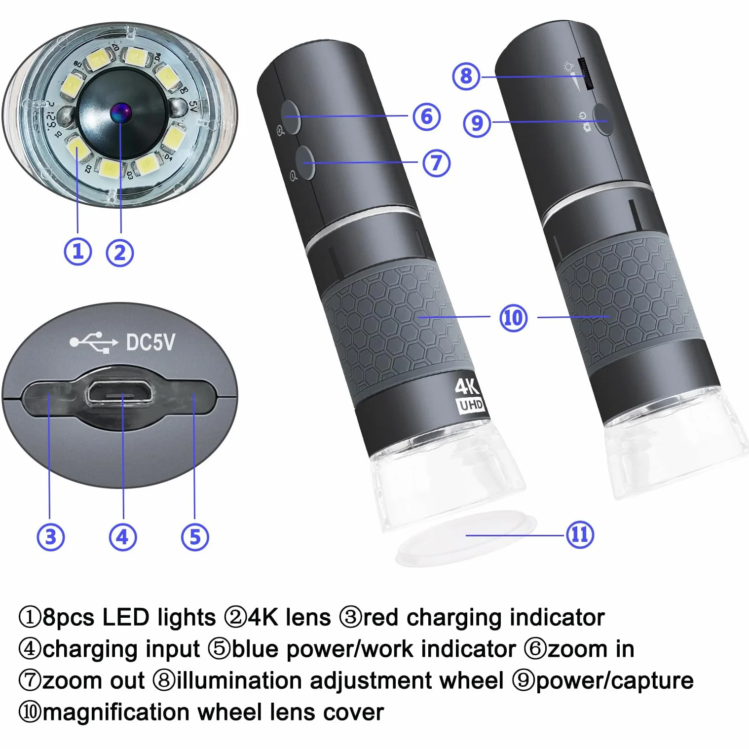 Jiusion WiFi USB Digitales Mikroskop 50-1000X Kabellose Vergrößerung Endoskop 4K 3840x2160P Kamera 8 LEDs Metallständer