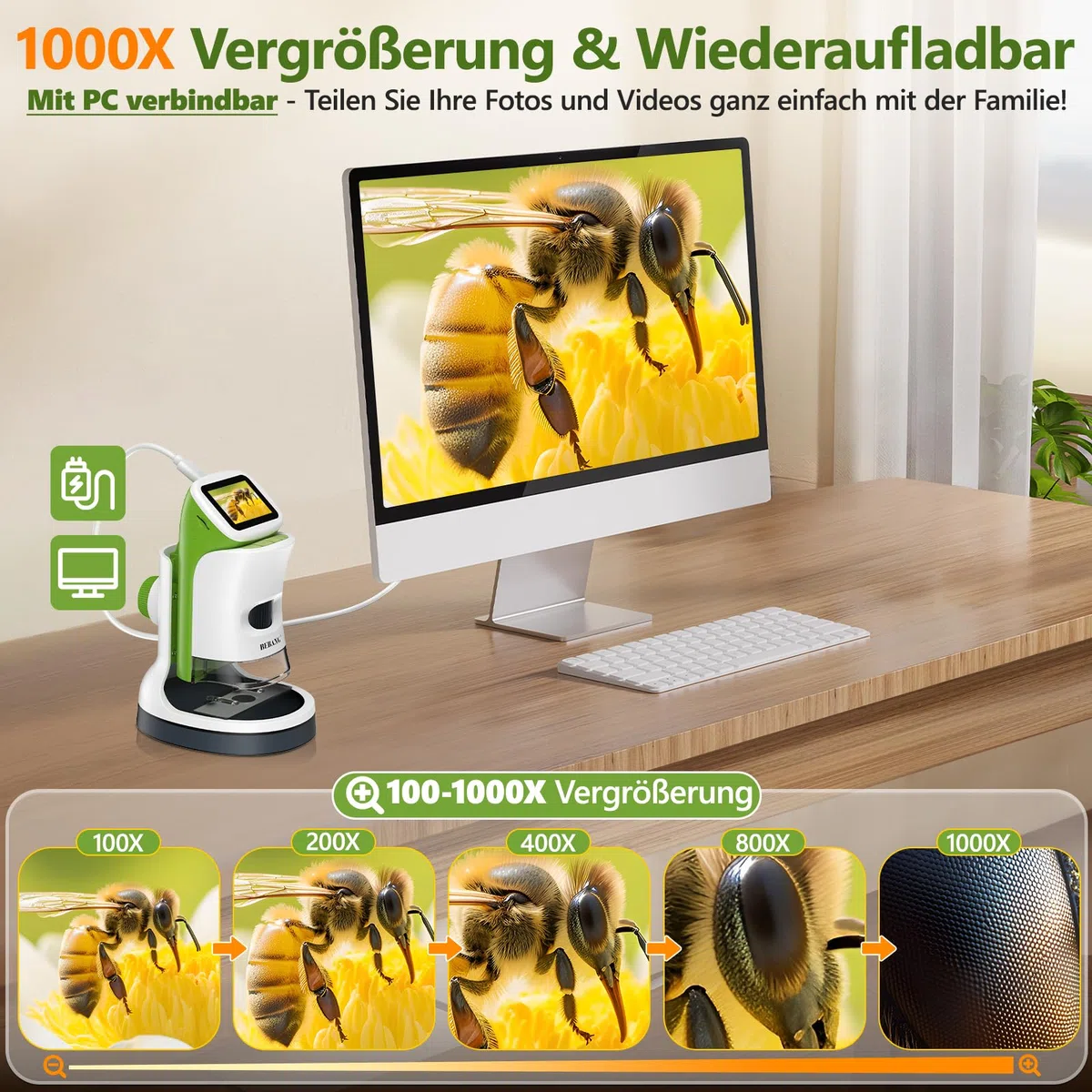 Kinder-Handmikroskop Mini 1000X Digitales Taschenmikroskop 2 Zoll 4K Bildschirm STEM Spielzeug Geschenk Kinder 6-12 Jahre inkl. Dias-Set 32GB Speicherkarte
