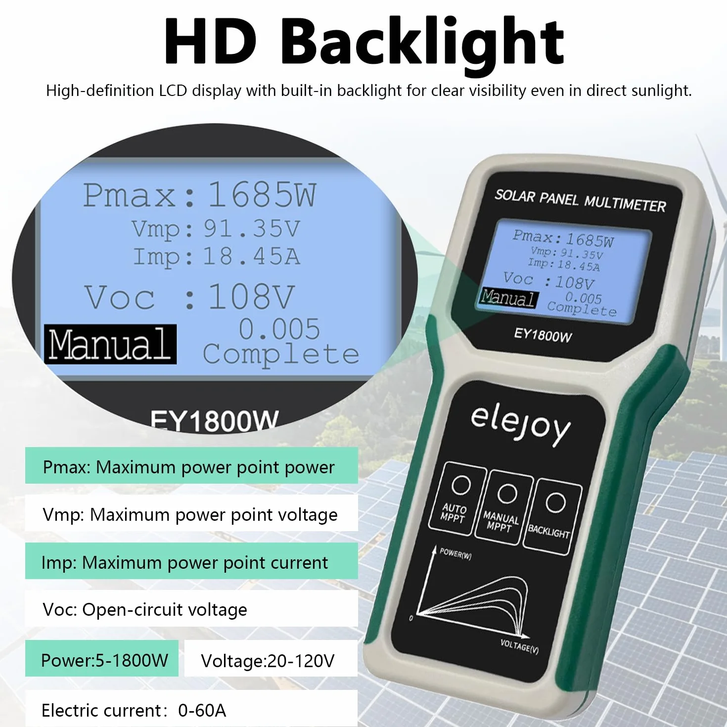 Solarpanel MPPT Tester, 1800W Photovoltaik Panel Multimeter mit LCD Display, Intelligente Leerlaufspannung Fehlersuche und Datenprüfung für Solar PV Testing, Nicht Höher als DC 20-120V 60A