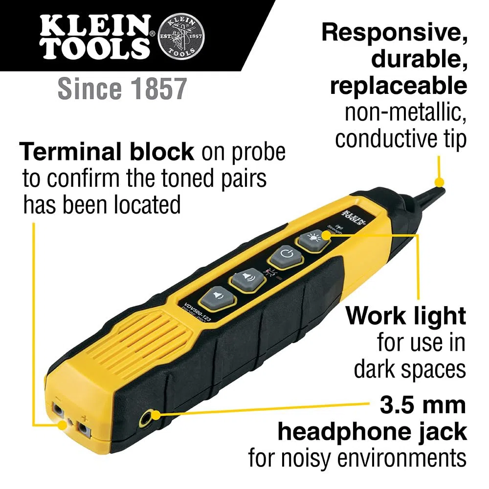 Klein Tools VDV500-123 | Leitungssuchsonde | Wire Tracer mit LED-Arbeitslicht | Für Ethernet, Telefon (RJ11/RJ12), Netzwerk (RJ45), Koaxial-, Lautsprecher- und Datenkabel