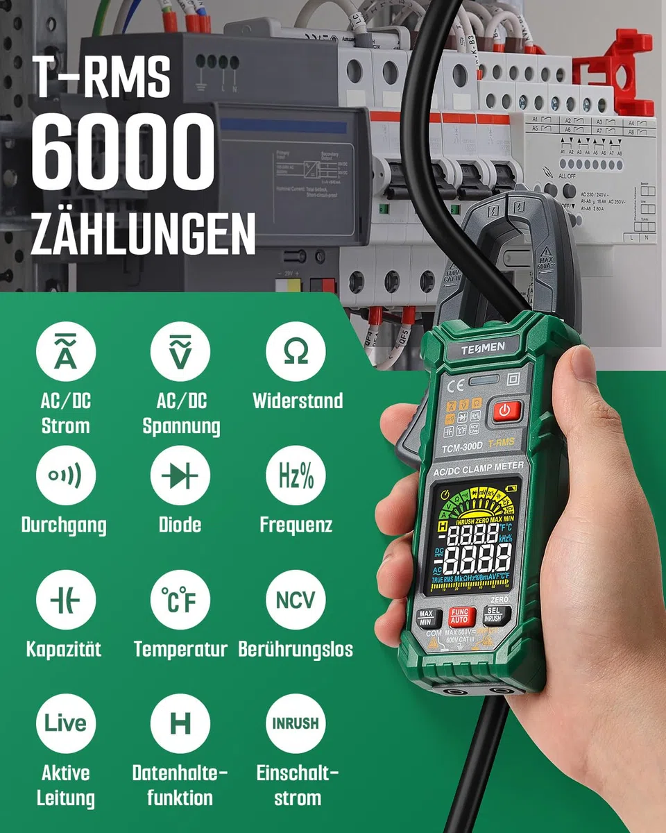 TESMEN TCM-300D Digital Clamp Meter 6000 Counts T-RMS Amperemeter Auto-Ranging Multimeter Voltmeter mit AC/DC Strom & Spannung NCV/Live Wire Einschaltstrom Widerstand Diode Temperatur – Grün