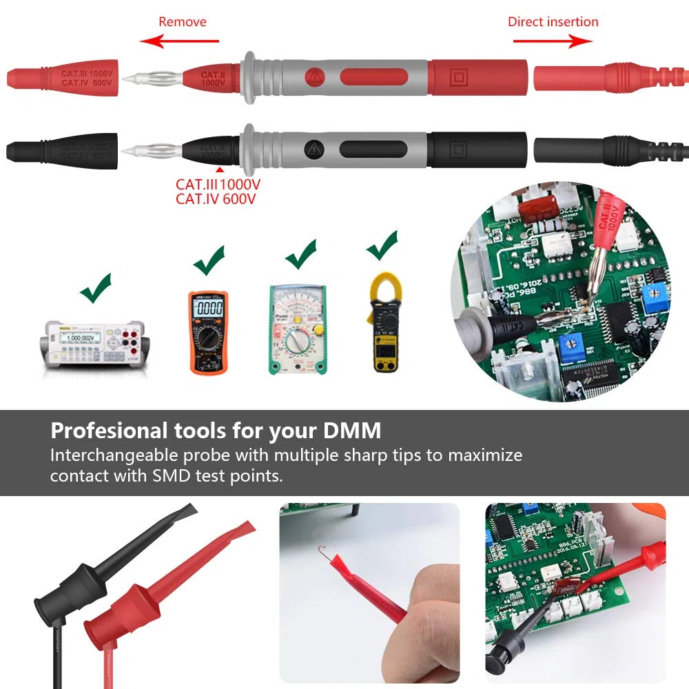 HANDSKIT-Messleitungen, Multimeter-Kit für elektronische Messleitungen, professionelles Digitalmultimeter-Zubehörset mit Messverlängerung, Krokodilklemmen, Prüfspitzen und Mini-Kolbenhaken, 22-teilig