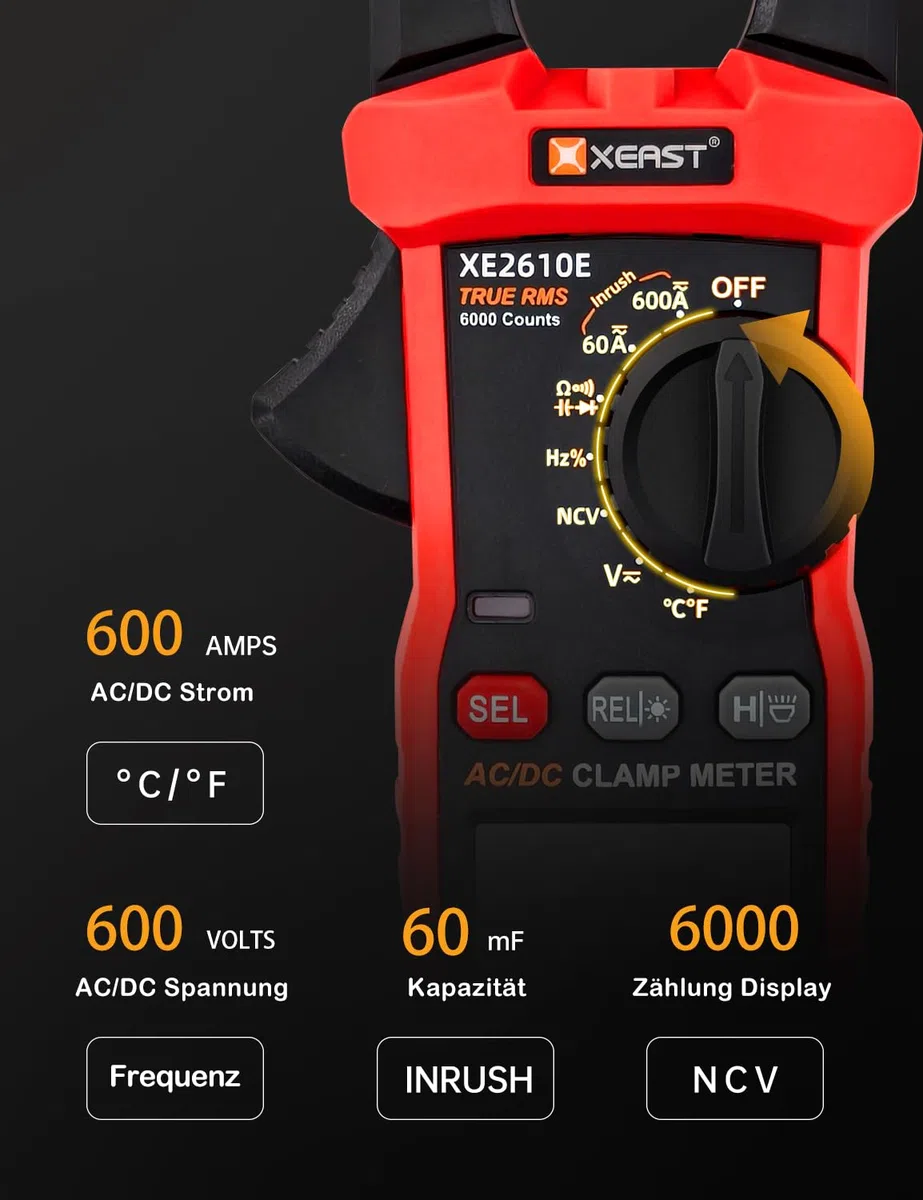 Inrush Digital Zangenmessgerät, TRMS Multimeter 6000 Zählungen, Auto-Ranging, misst AC/DC Strom, Spannung, Kapazität, NCV, Frequenz, Live Wire, Widerstand, Diode, Durchgang – AC/DC Stromzange