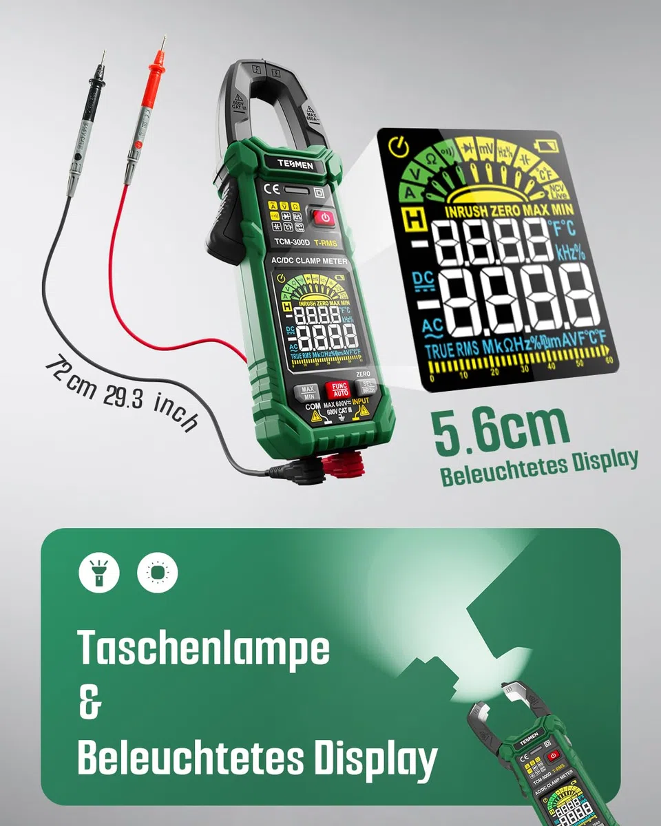 TESMEN TCM-300D Digital Clamp Meter 6000 Counts T-RMS Amperemeter Auto-Ranging Multimeter Voltmeter mit AC/DC Strom & Spannung NCV/Live Wire Einschaltstrom Widerstand Diode Temperatur – Grün