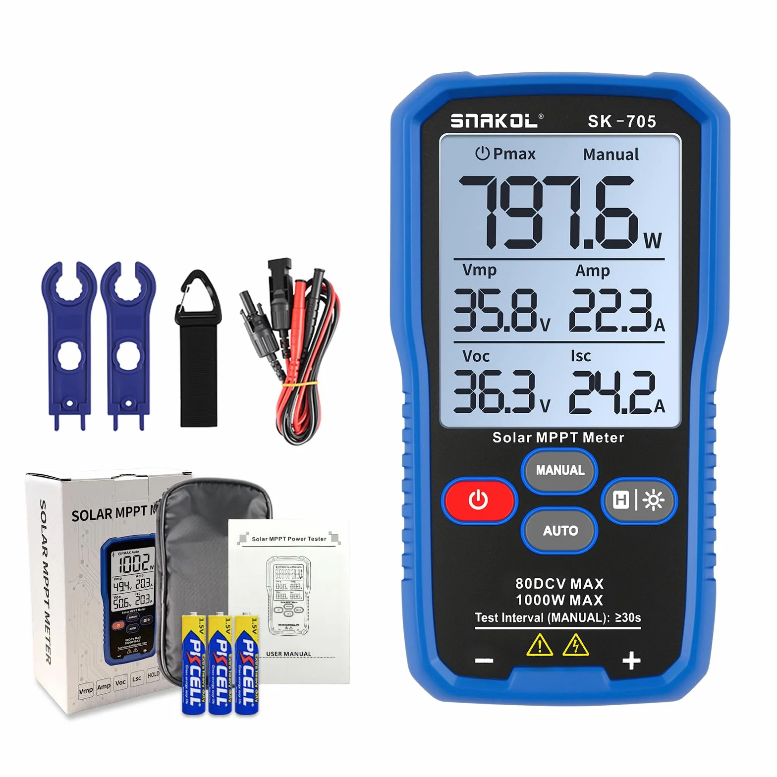 SK-705 Solar MPPT Leistungstester für Photovoltaikmodule, 1000 W, 80 V DC Max, 35 A, Automatische & Manuelle Leistungsmessung, Voc Isc Vmp Pmax, 3,2" LCD, Tragbarer PV-Tester
