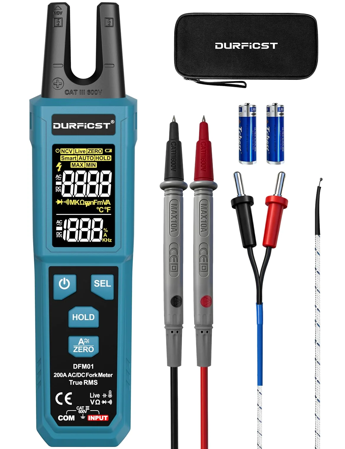Stromzange, DURFICST Digitale Strommesszange TRMS 4000 Counts, Zangenamperemeter mit 200A AC/DC-Strom- und 600V Spannungsmessung, NCV, Kapazitätsmessung, Durchgangsprüfung, Temperaturmessung