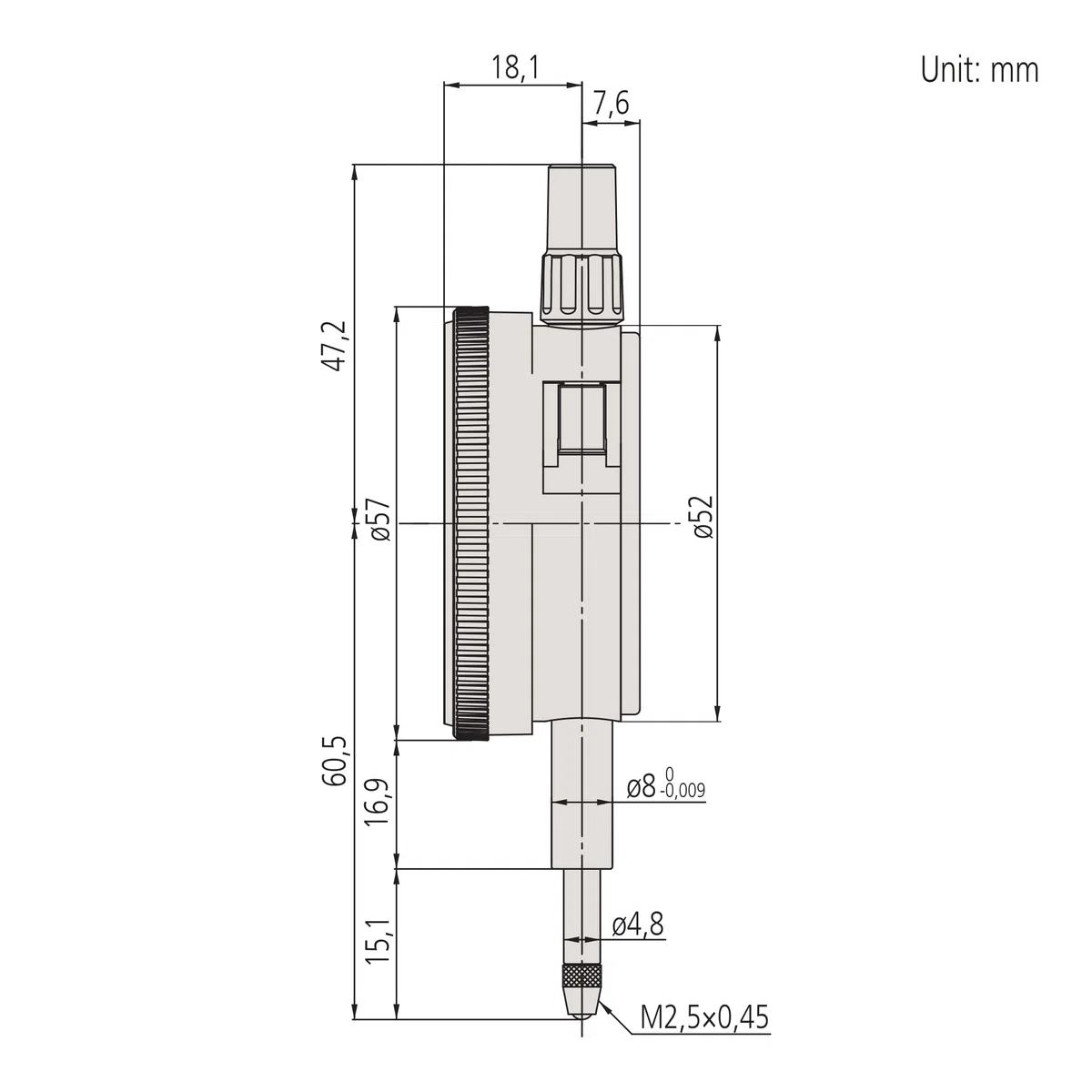 Mitutoyo Messuhr, flacher Abschlussdeckel, ISO Ausführung, Edelsteingelagert, Stoßgeschützt, 1 mm, 0,001 mm | 0,001 mm, stoßgeschützt, beidseitige Anzeige, flache Rückplatte