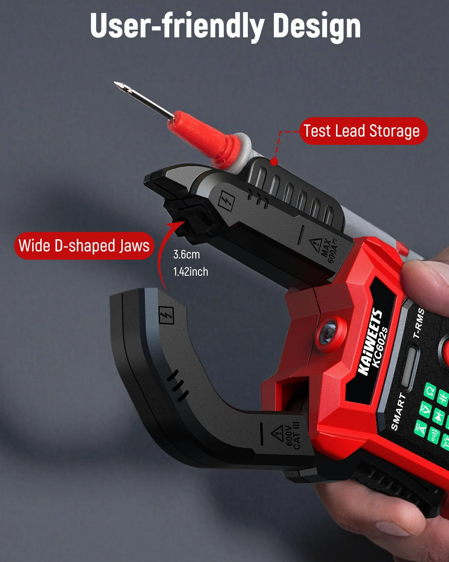 KAIWEETS Zangenmessgerät AC/DC Zangenmultimeter mit Auto-Modus, True RMS, NCV-Erkennung, Einschaltstrom, Frequenz, 6000 Counts Digitalmultimeter KC602s
