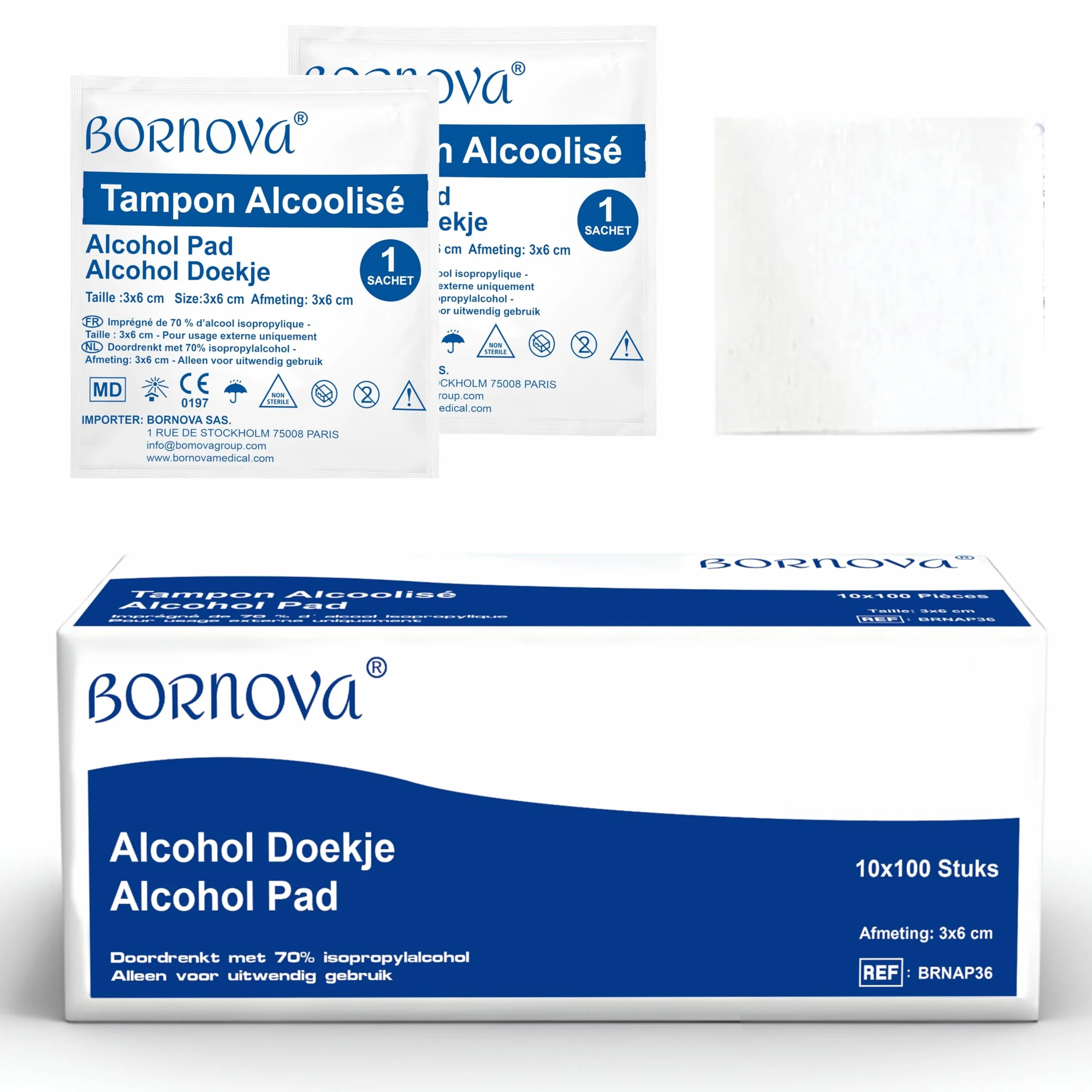1000 Stück – Alc-Pads, imprägniert – Reinigungstuch, 3 x 6 cm für die Reinigung von Haut und Gegenständen, Einmalgebrauch. BORNOVA