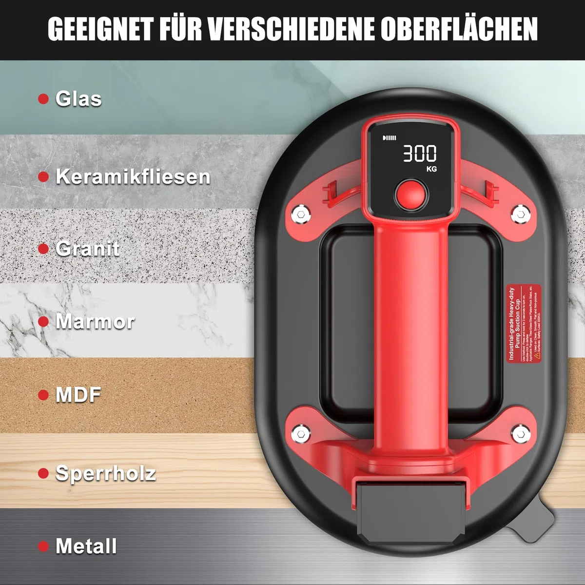 Elektrische Fliesen Saugheber, 10" Elektrische Vakuum Saugheber, 300KG Tragkraft, Akku Glassauger mit 2 x 3,0Ah-Akkus, LadegeräTen, Digitalanzeige, für Glas Fliesen Granit Scheiben Metall