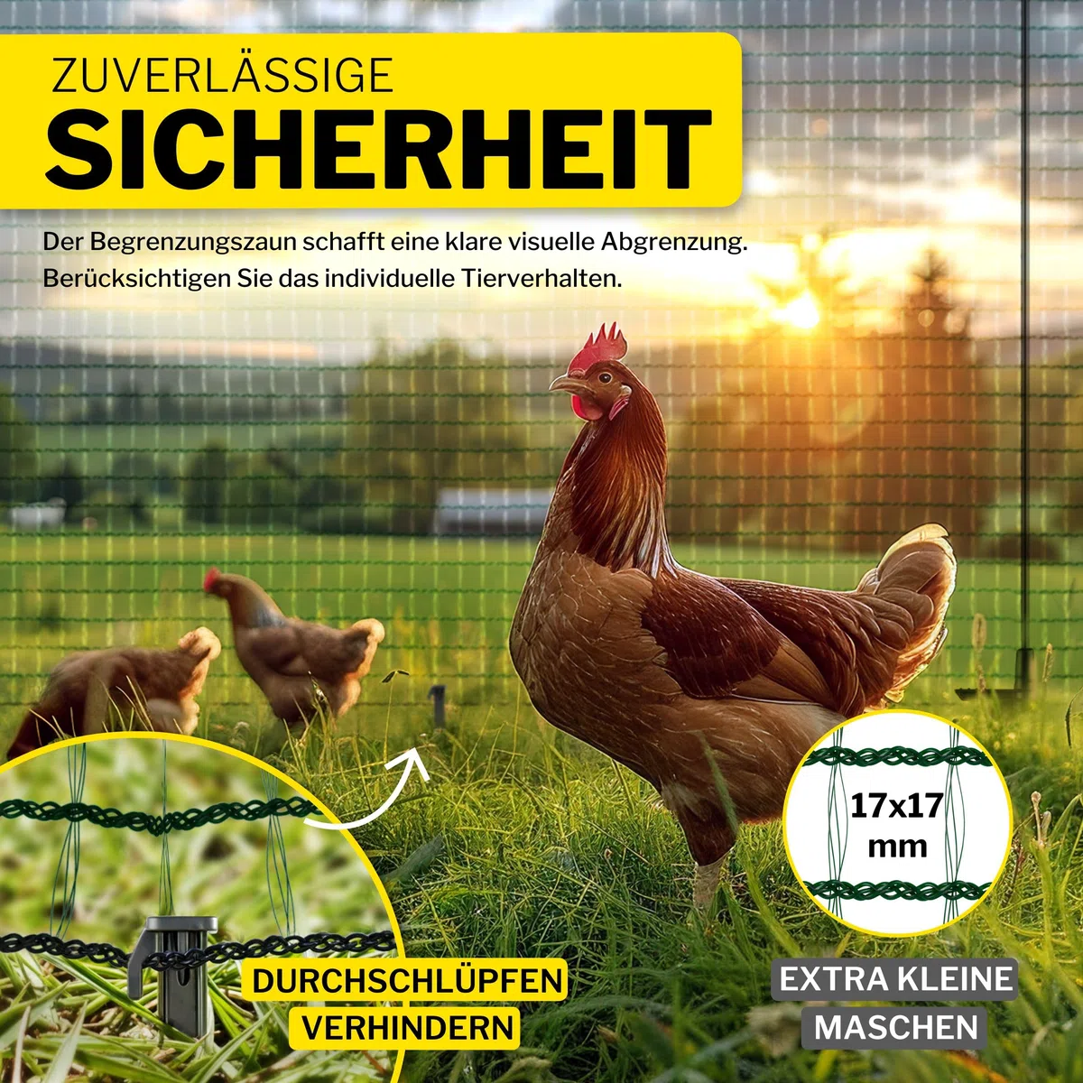horizont Begrenzungszaun FIX, mobiler Zaun 25m Lang & 110cm hoch, engmaschig für Garten, Camping & Haustiere, inkl. 15 Fiberglaspfählen & 20 Heringen, Beetschutz, Hundezaun, Absperrzaun, Steckzaun