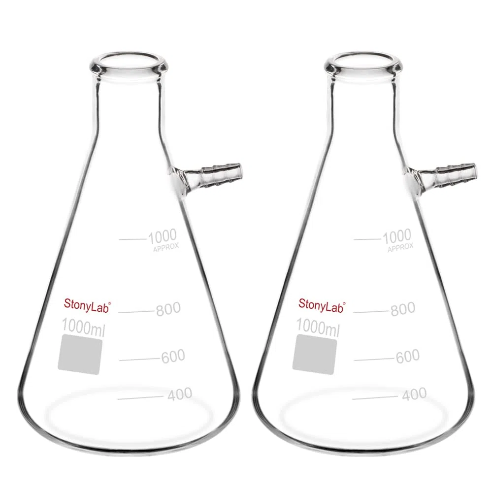StonyLab 2er-Pack 1000 ml Borosilikatglas-Filterkolben, Glass Filtering Flask, Bolzenhals mit Röhrchen (1000 ml)