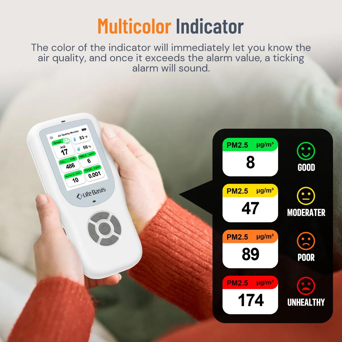 LifeBasis 10 in 1 Raumluftqualitätsdetektor Formaldehyd-Detektor AQI-Verschmutzungsmonitor PM2.5/PM10/HCHO/TVOC/CO2 Temperatur Luftfeuchtigkeit USB Aufladbar