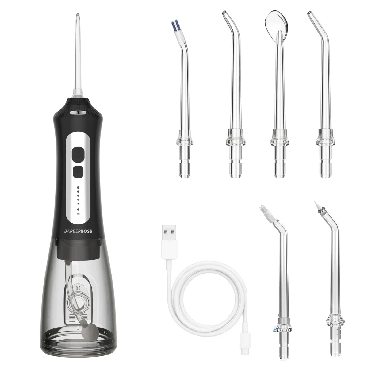 BarberBoss kabellose Munddusche IPX7 wasserdicht 5 Modi 6 Düsen LED-Display wiederaufladbar schwarz