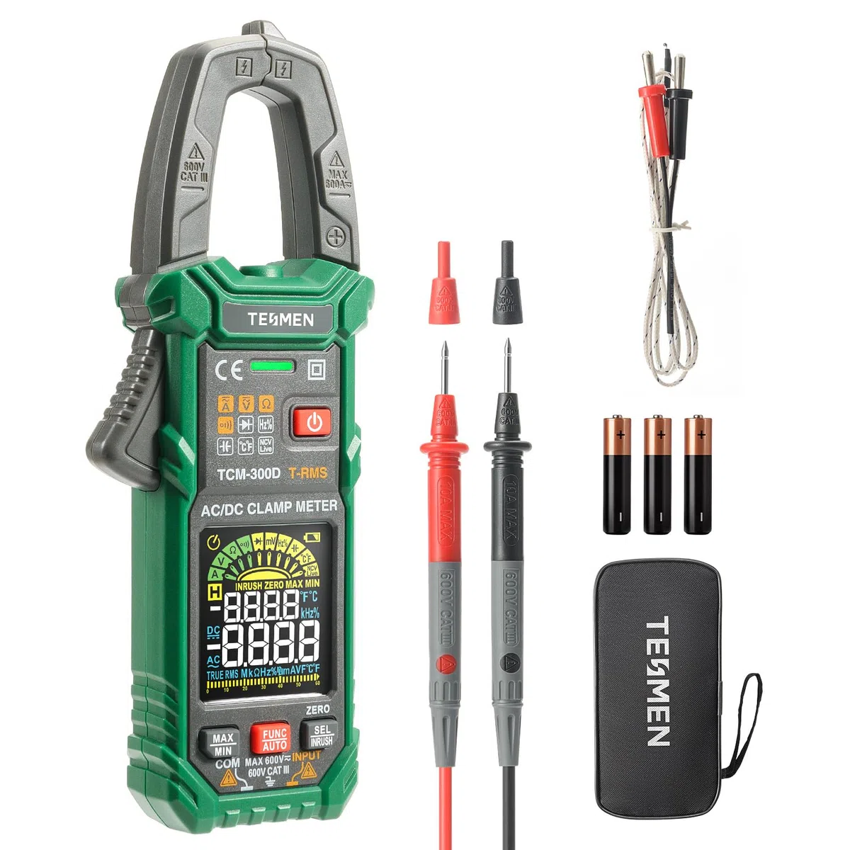 TESMEN TCM-300D Digital Clamp Meter 6000 Counts T-RMS Amperemeter Auto-Ranging Multimeter Voltmeter mit AC/DC Strom & Spannung NCV/Live Wire Einschaltstrom Widerstand Diode Temperatur – Grün