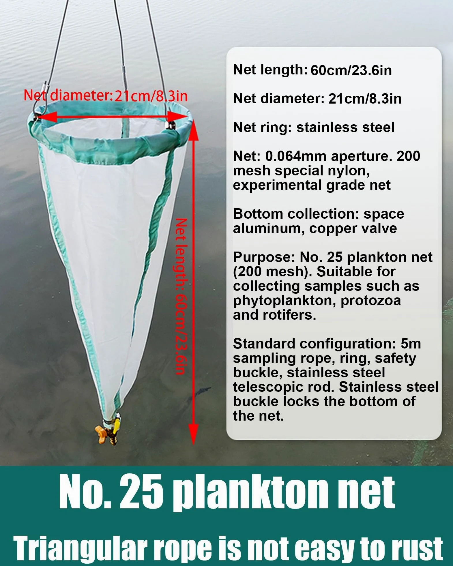 Planktonnetz mit 200 Maschen – 23,62 Zoll lang, 8,27 Zoll Durchmesser, 64 μm Öffnung, verdicktes experimentelles Nylon, 25# feines Planktonnetz mit 5 m Probenahmeseil