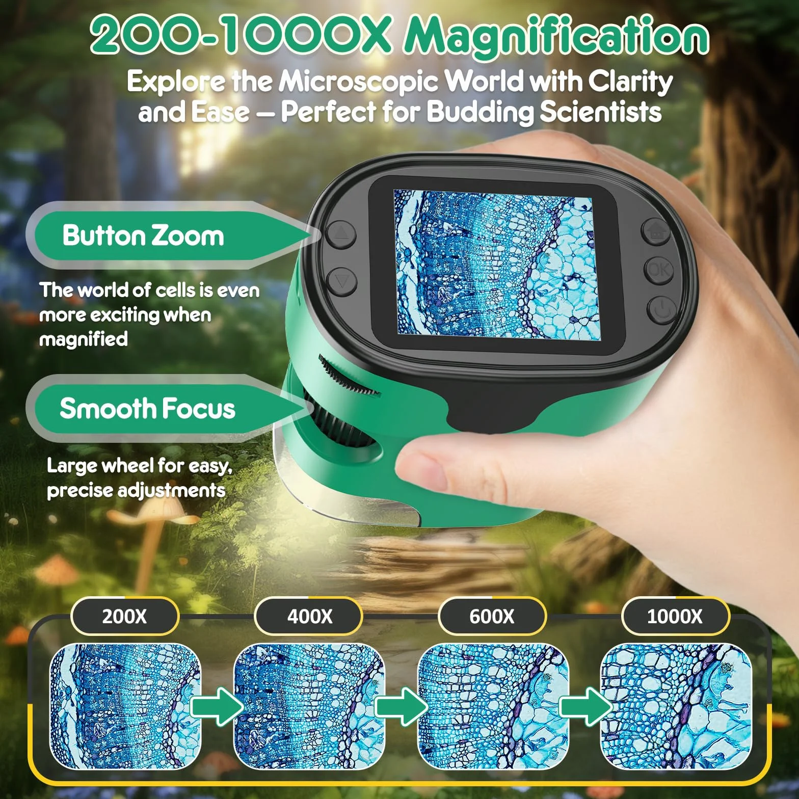 Digitales Handmikroskop 1000X mit 2,0" 4K Bildschirm, wiederaufladbares Set inkl. 32GB Speicherkarte & EVA Transportkoffer