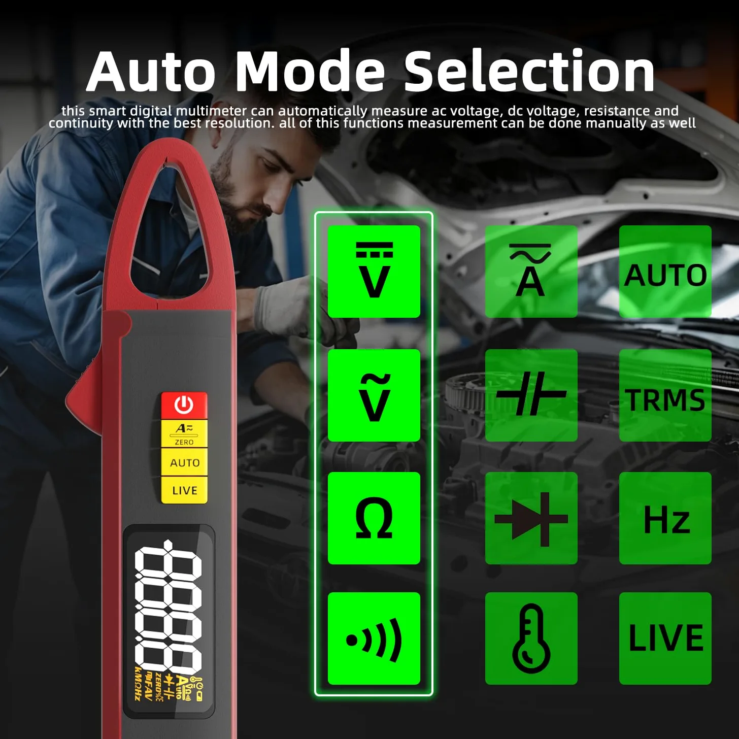 BSIDE UX2 Digital Stromzange DC AC TRMS 200A Klein Mini, Smart Multimeter Wiederaufladbar für Spannung Strom Kapazität Widerstand Dioden Frequenz Temperatur und Stromleitungen Messen
