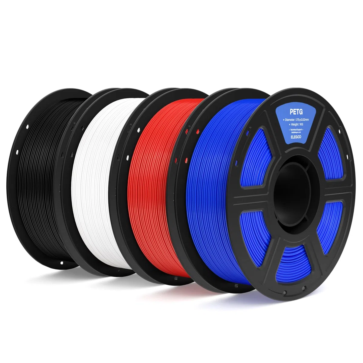 ELEGOO PETG Filament 1,75 mm Schwarz Weiß Rot Blau 4 KG, 3D-Drucker-Filament, Maßgenauigkeit +/- 0,02 mm