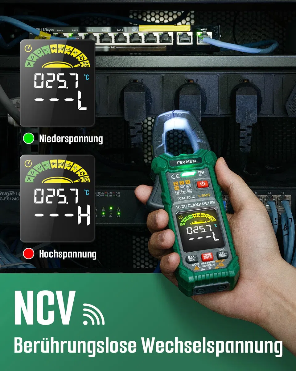 TESMEN TCM-300D Digital Clamp Meter 6000 Counts T-RMS Amperemeter Auto-Ranging Multimeter Voltmeter mit AC/DC Strom & Spannung NCV/Live Wire Einschaltstrom Widerstand Diode Temperatur – Grün
