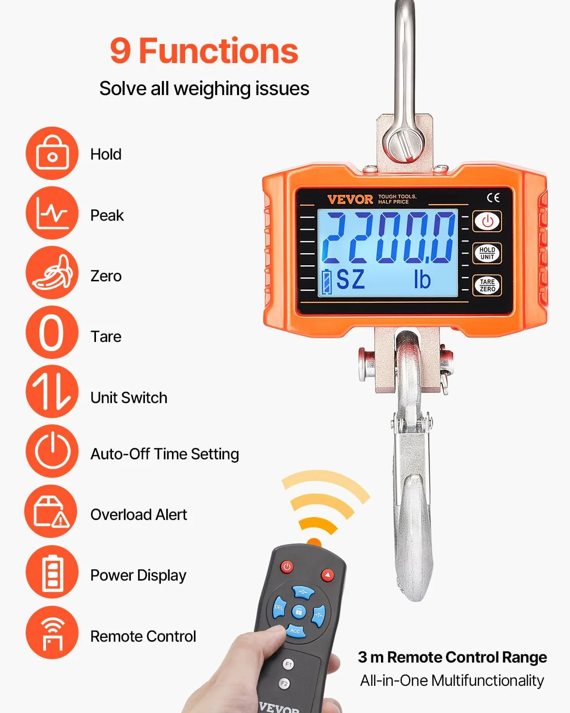 VEVOR Industrielle Hängewaage, 1000 kg, robuste digitale Kranwaage mit Fernbedienung, Lastenwaage, Gehäuse aus Aluminiumguss, hochpräzises LCD-Display für Bau, Fabrik, Bauernhof, Jagd, Orange