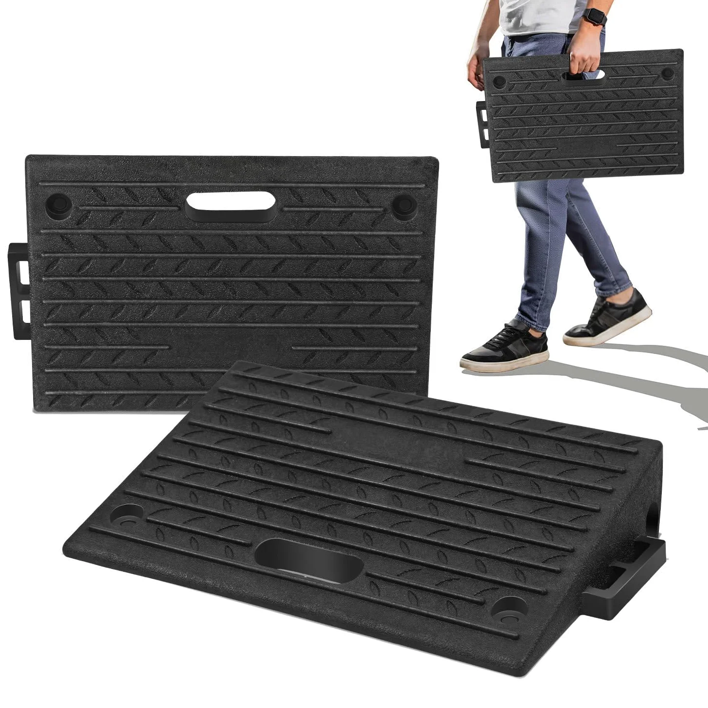 Fiqops 2 Stück Bordsteinrampe Gummi 10cm Hoch Tragbar Rollstuhlrampe 50x32x10 cm Rampe für Bordsteine, Rollstuhl, Tiefe Auto Auffahrrampe Türschwellenrampe mit Griff