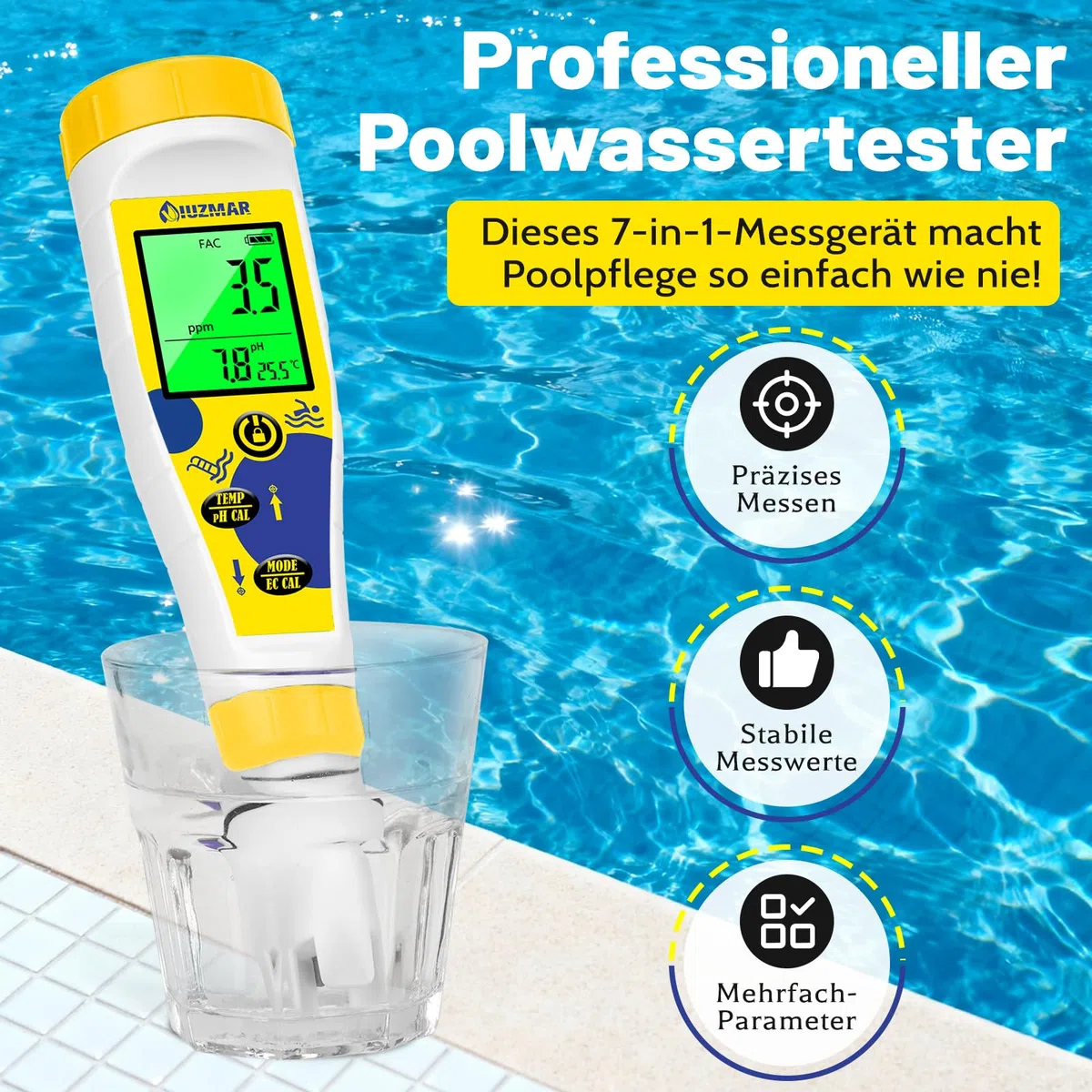 UIUZMAR pH Wert und Chlor Messgerät Pool, 7-in-1 pH Salzgehalt EC TDS ORP Messgerät für Hydroponik Aquarium