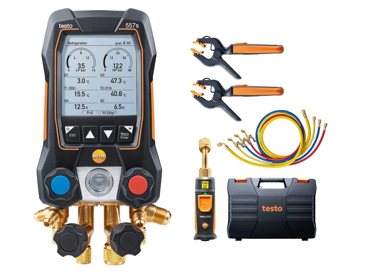Testo 557s Kit I App-betriebener digitaler Verteiler, 2 x Testo 115i Rohrschellenthermometer, 1 x Testo 552i Mikron Messgerät, 4 x Schläuche I für HLK-Systeme - mit Bluetooth