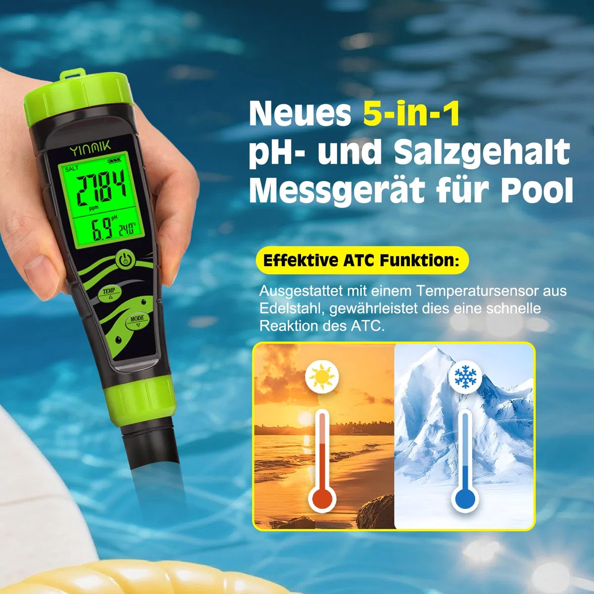 YINMIK 5 in 1 pH Messgerät Wasser, Pool pH Messgerät, Digitales pH EC Messgerät, Salzgehalt pH Tester, pH Leitfähigkeit Messgerät Grow, pH Salz EC TDS Temp Tester für Hydrokultur Trinkwasser Aquarium