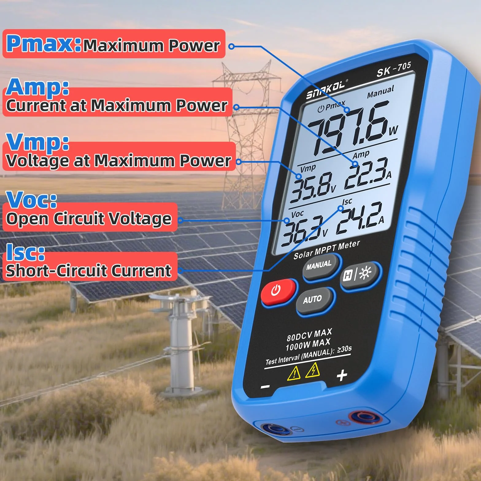 SK-705 Solar MPPT Leistungstester für Photovoltaikmodule, 1000 W, 80 V DC Max, 35 A, Automatische & Manuelle Leistungsmessung, Voc Isc Vmp Pmax, 3,2" LCD, Tragbarer PV-Tester
