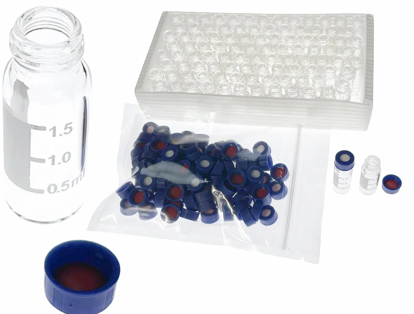 MUHWA HPLC Ampullen, 2 ml Labor Autosampler Ampullen mit 2 Gestell, Ampullen mit Schreibbereich und Skalierungen, Schraubverschluss, weißes PTFE und rotes Silikon Septa (transparent)