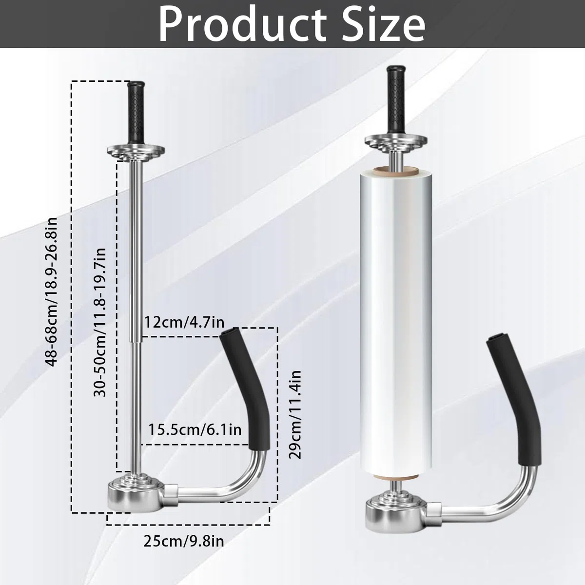 Stretchfolienspender, Manueller Abroller Stretchfolie für Rollen von 30-50 cm breit Metall Folienziehvorrichtung mit Griff für Verpackung von Möbeln Maschinen und anderen großen Gegenständen
