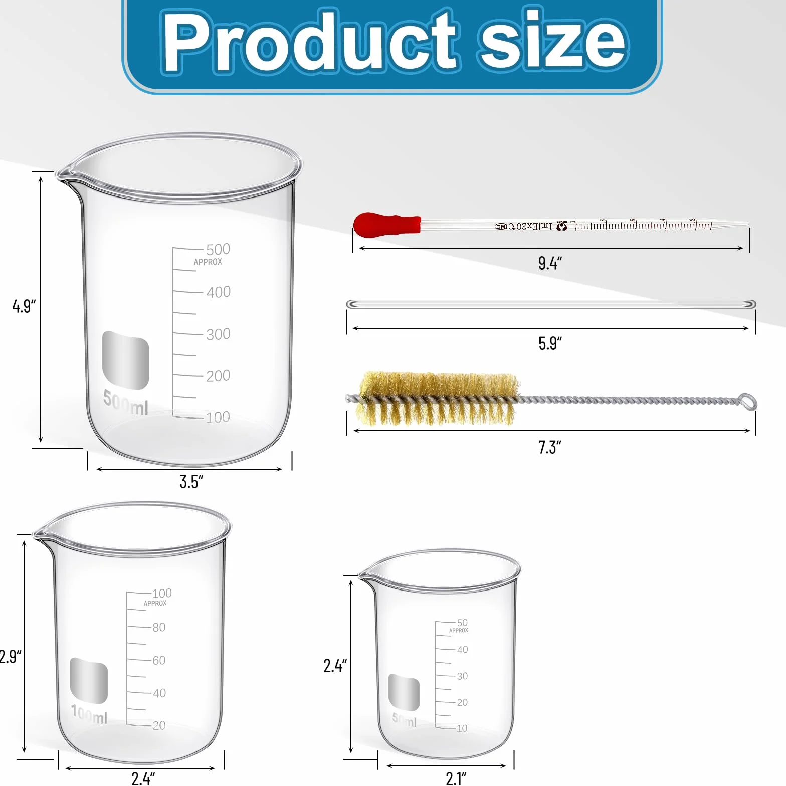 14 Stück Messbecher Glas 50/100/500 ml, Glasflasche 50/100/250 ml, Glasgraduierter Zylinder 10/50/100 ml mit 1 Pinsel, 2 Durchmessern und 2 Tropfen Becherglas Set für Wissenschaft Labor