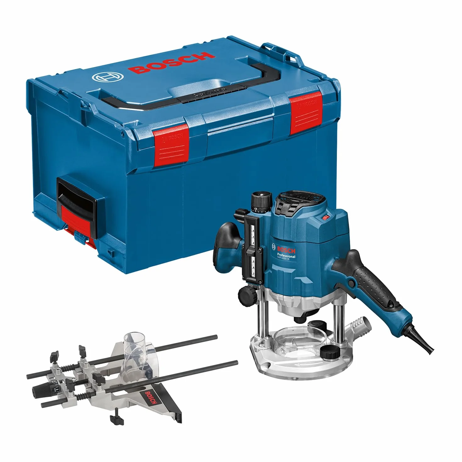 Bosch Professional Oberfräse GOF 1250 CE (inkl. Maulschlüssel 19 mm, Parallelanschlag mit Feineinstellung, Kopierhülsenadapter, Spannzange, L-BOXX)