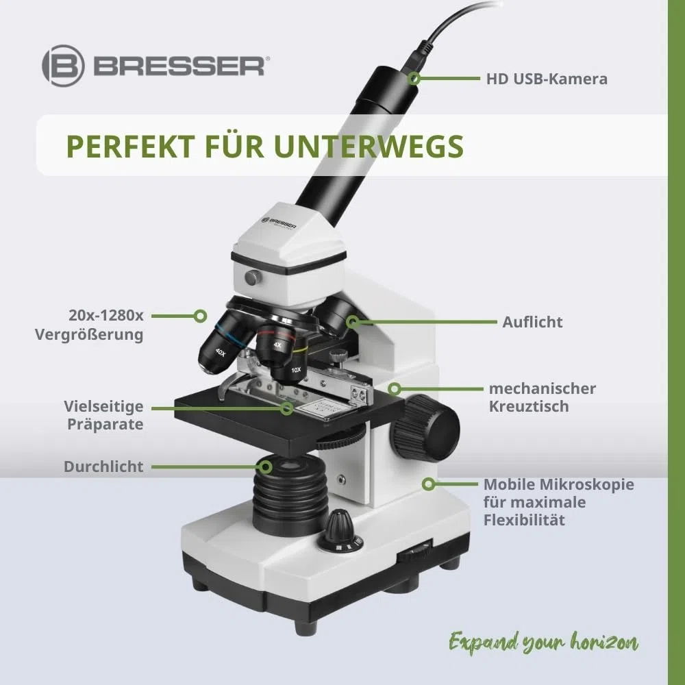 Bresser Biolux NV Mikroskop 20x-1280x Durchlicht Auflicht HD USB-Kamera Kreuztisch Transportkoffer