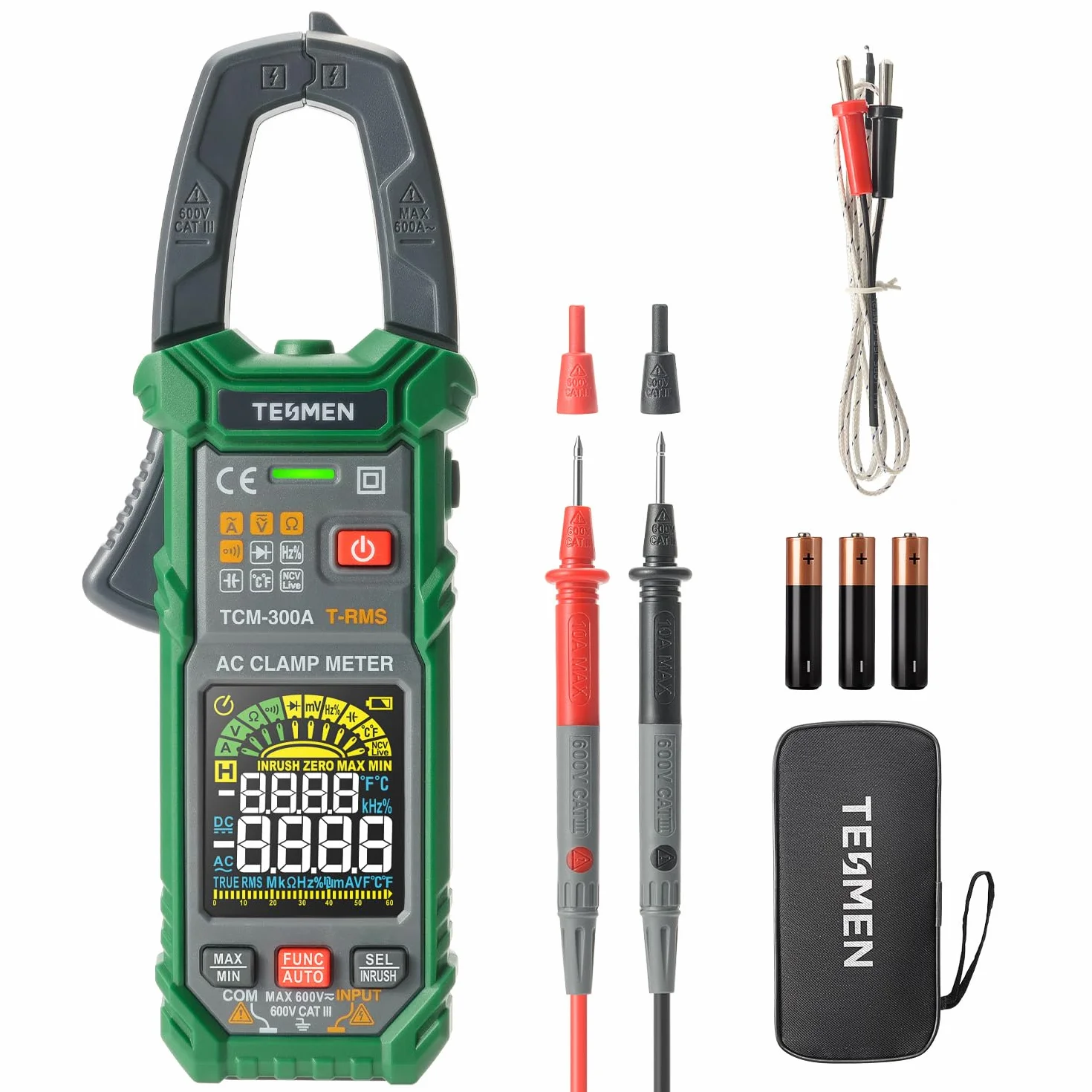 TESMEN TCM-300A Digital Clamp Meter 6000 Counts T-RMS Amperemeter Auto-Ranging Multimeter Voltmeter mit AC-Strom AC/DC Spannung NCV/Live Wire Einschaltstrom Widerstand Diode Temperatur – Grün