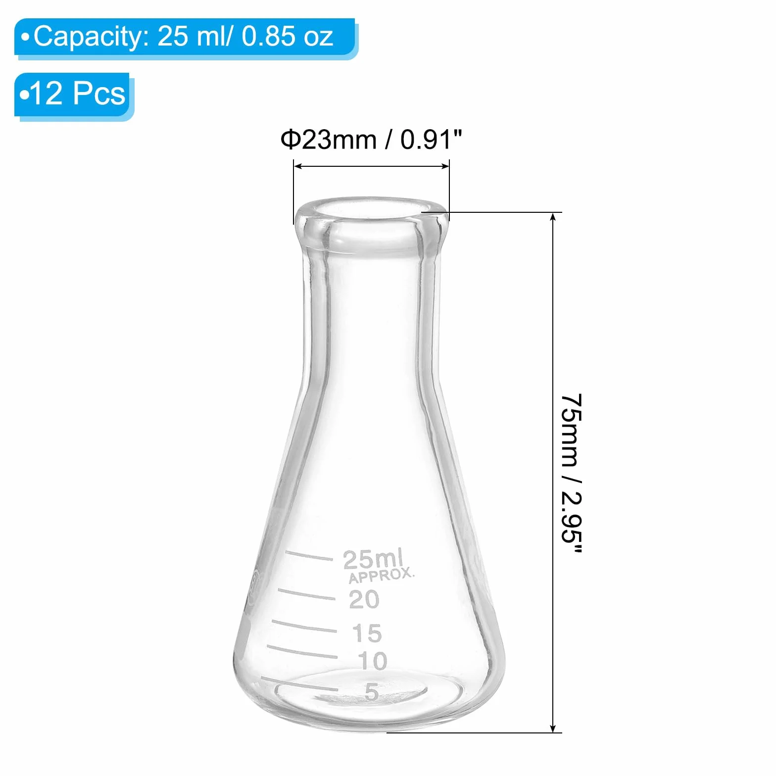 PATIKIL Erlenmeyer-Kolben, 12 Stück 25 ml Schmale Mundgraduierte Kolben aus Borosilikatglas mit aufgedruckter Graduierung für Laborversuche in der Chemie und Naturwissenschaft