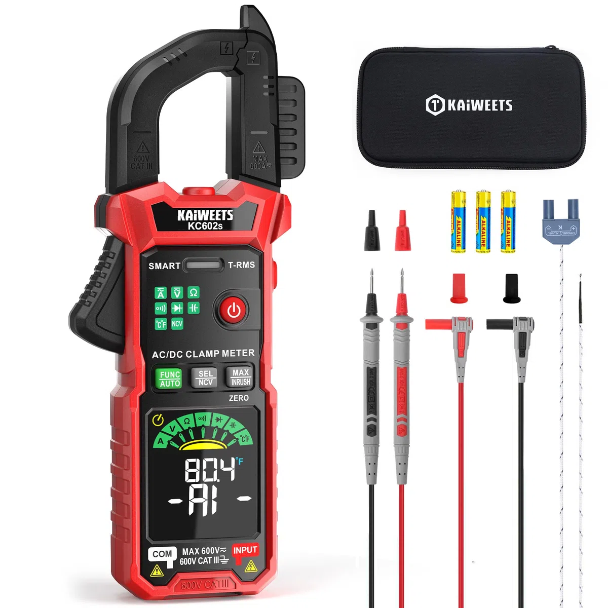 KAIWEETS Zangenmessgerät AC/DC Zangenmultimeter mit Auto-Modus, True RMS, NCV-Erkennung, Einschaltstrom, Frequenz, 6000 Counts Digitalmultimeter KC602s