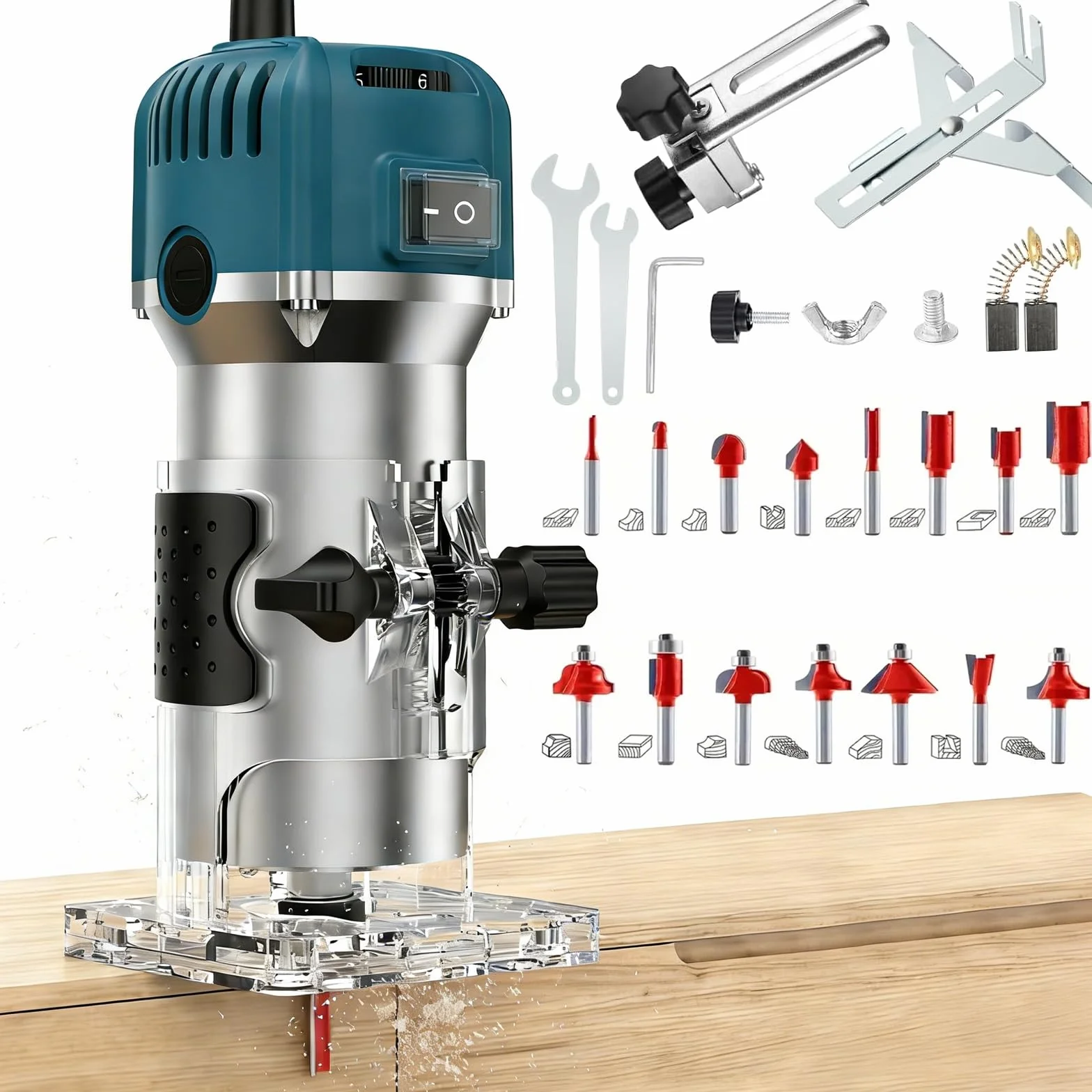 Einhandfräse 800W, 30000 U/min Holzfräse Oberfräse, 6,35mm Durchmesser, Hand Fräsmaschine mit 6 Variable Geschwindigkeite, Kantenfräse für Holz, mit 15 Stück Fräser Set