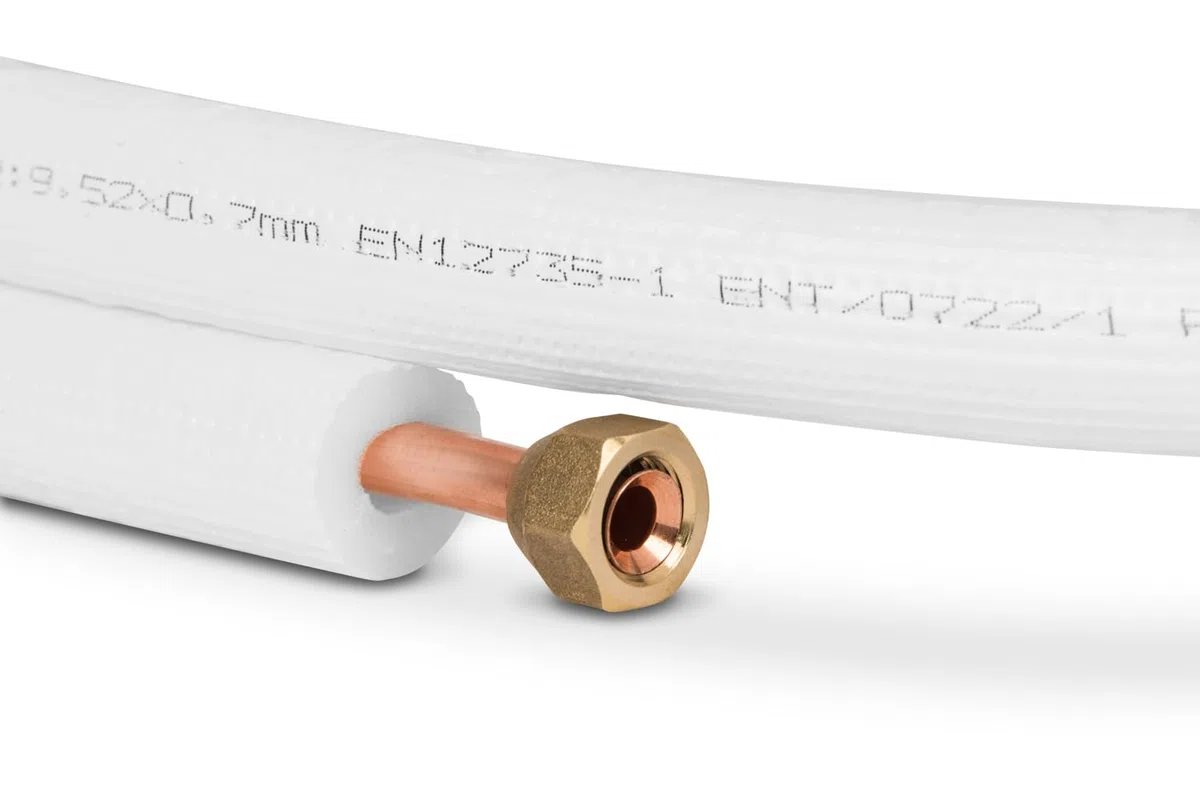 Kupferrohr-Kälterohr 1/4" + 3/8" / 3 m mit Überwurfmuttern, auf Länge geschnitten, ideal für 9000/12000 BTU Geräte, fachkundige Beratung durch die Installationsfirma für jeden Käufer