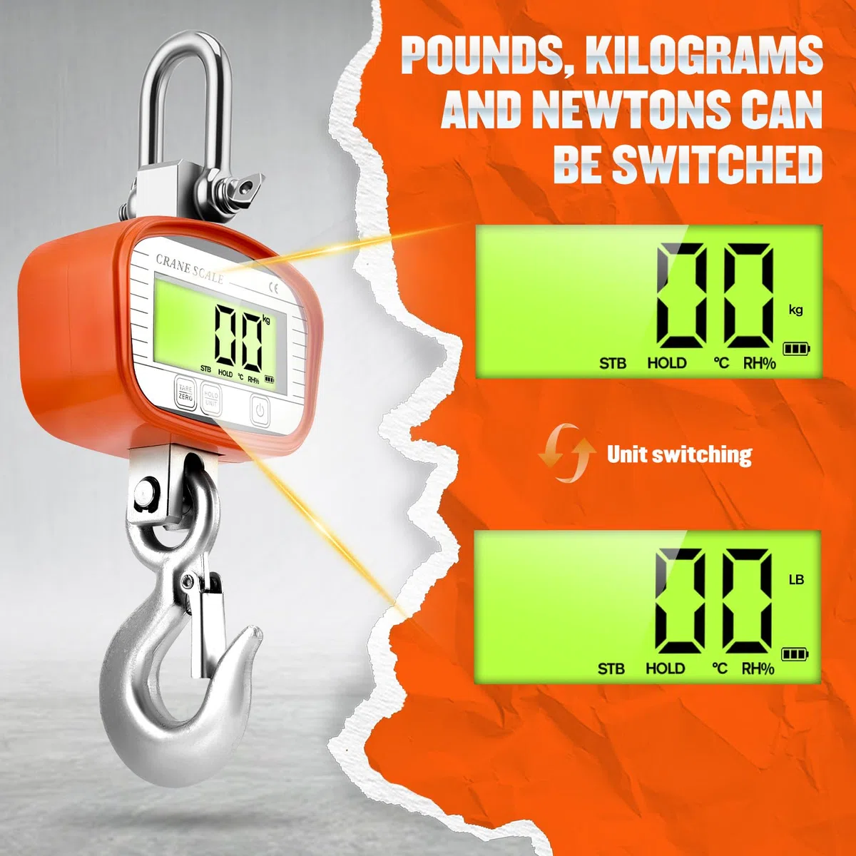 Digitale Kranwaage 1000kg/2200lbs, Industrielle Hängewaage, Hängende Waage mit präzisem Sensor & LCD-Anzeige für Bauernhof, Fabrik, Jagd (Orange, 1000KG)