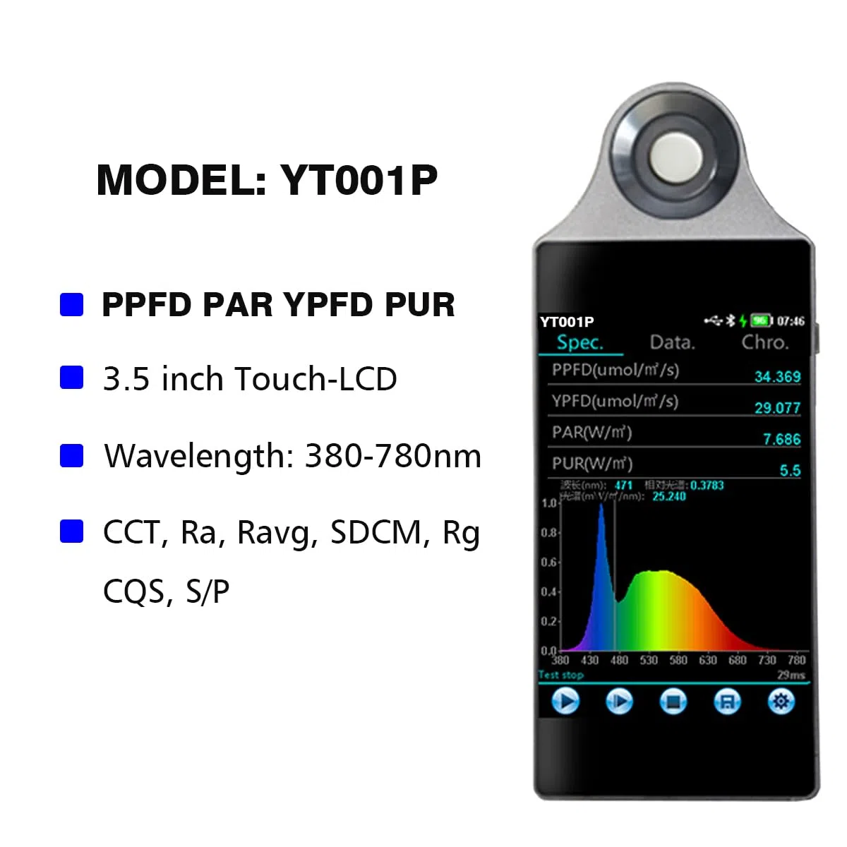 Licht Spektrometer PPFD PAR CCT CRI Messgerät 380-780 nm Analysator mit PC Software & Android APP