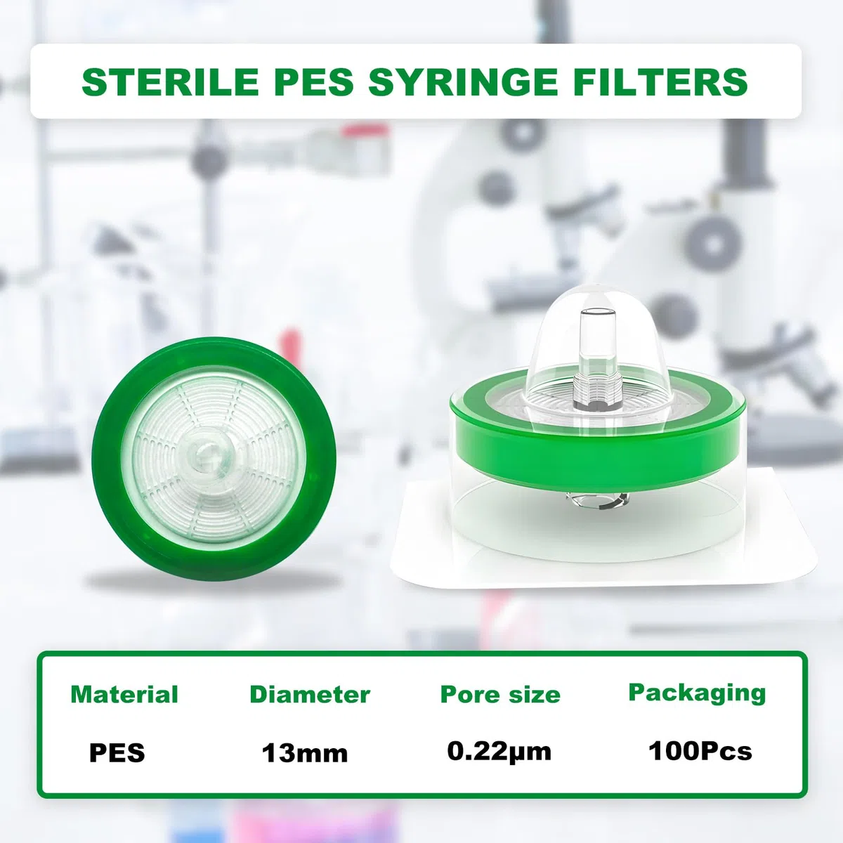 100 Stück Spritzenfilter PES, Spritzenfilter Hydrophil, Spritzenfilter 0,22μm, Labor-Spritzenfilter, Sterile, Syringe Filters, 0,22μm, 13 mm Durchmesser, Female Lure Lock+Male Lure Slip