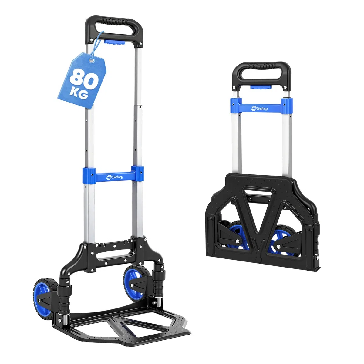 Sekey Alu Sackkarre Klappbar & Leichte Transportkarre 80 kg Tragkraft, 3-Stufig Höhenverstellbar & In Sekunden Faltbar, Klappkarre mit TPR-Rädern & Ergonomischem Griff