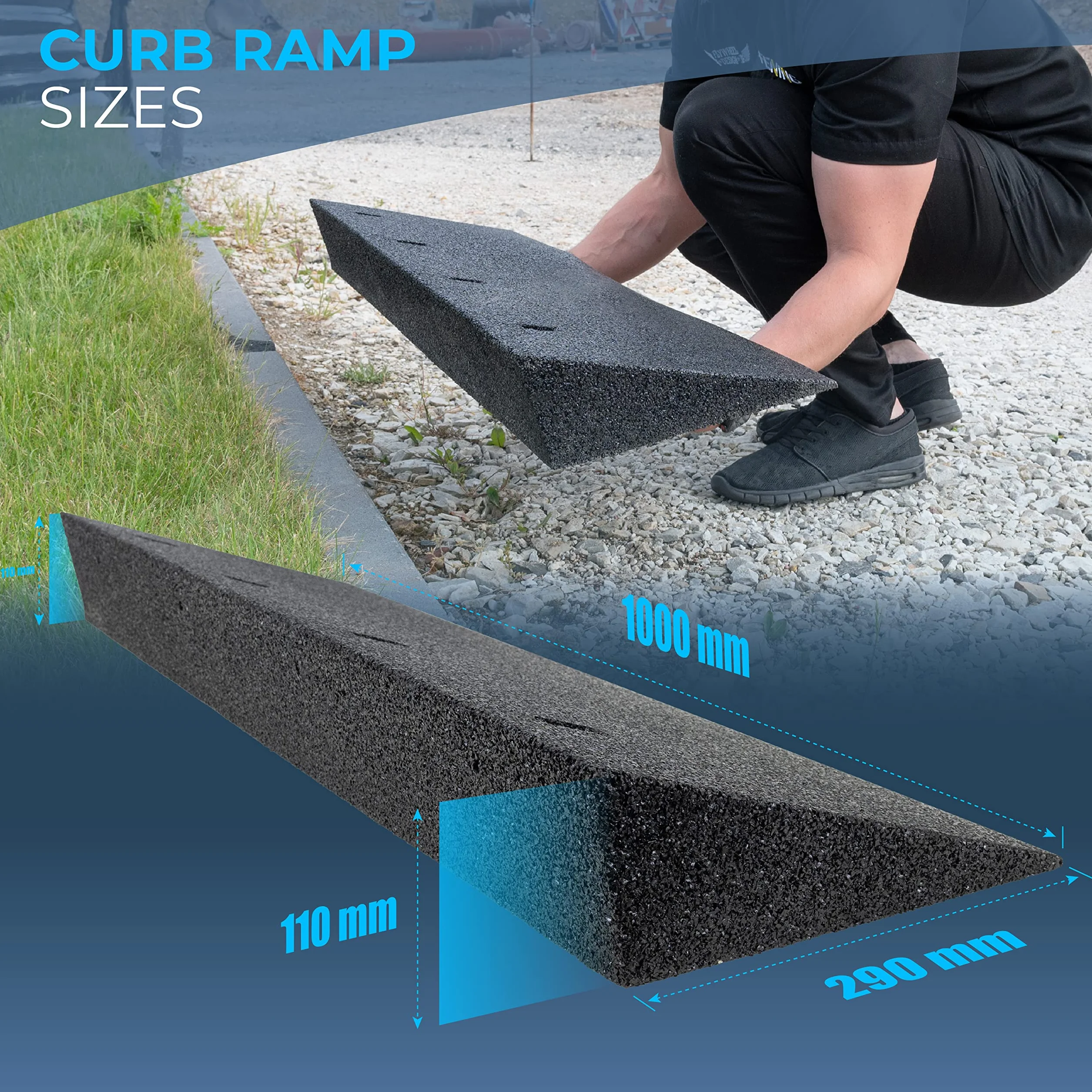 HASKYY Bordsteinrampe Gummi schwarz I Breite: 100 cm I Höhe: 110mm I Rampe Gummikeil Rollstuhlrampe Auffahrrampe Auffahrkeil Auffahrhilfe Türschwellenrampe Autorampe