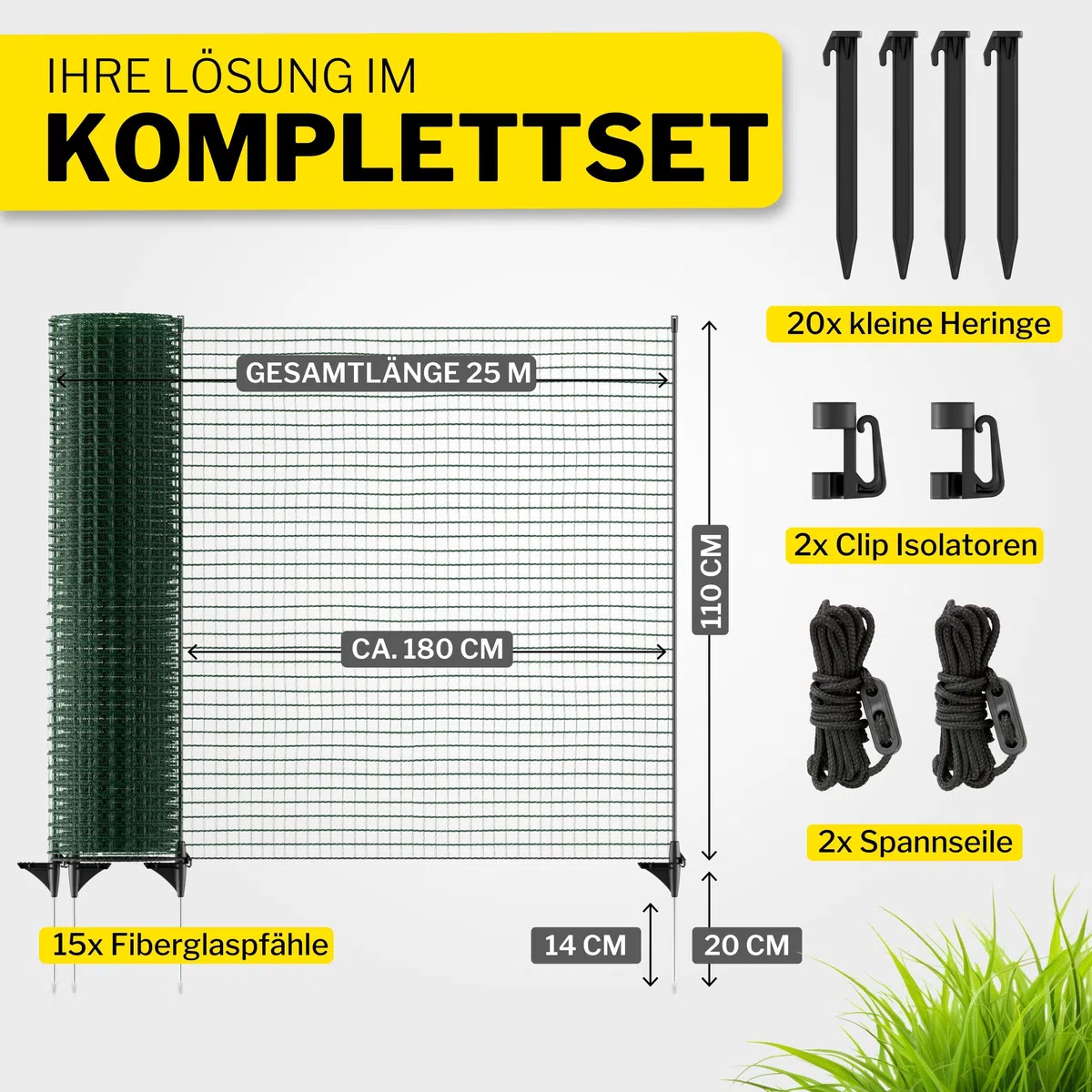 horizont Begrenzungszaun FIX, mobiler Zaun 25m Lang & 110cm hoch, engmaschig für Garten, Camping & Haustiere, inkl. 15 Fiberglaspfählen & 20 Heringen, Beetschutz, Hundezaun, Absperrzaun, Steckzaun