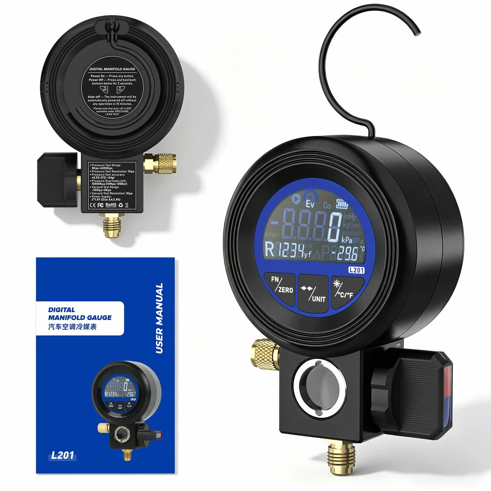 Digitales Manometer für Klimaanlage, misst Druck Vakuum und Lecks, Kältemittelbefüllung, kompatibel mit 24 Kältemittelarten R32 R1234yf R134a, ±0,5% FS Genauigkeit, digitales Vakuummessgerät