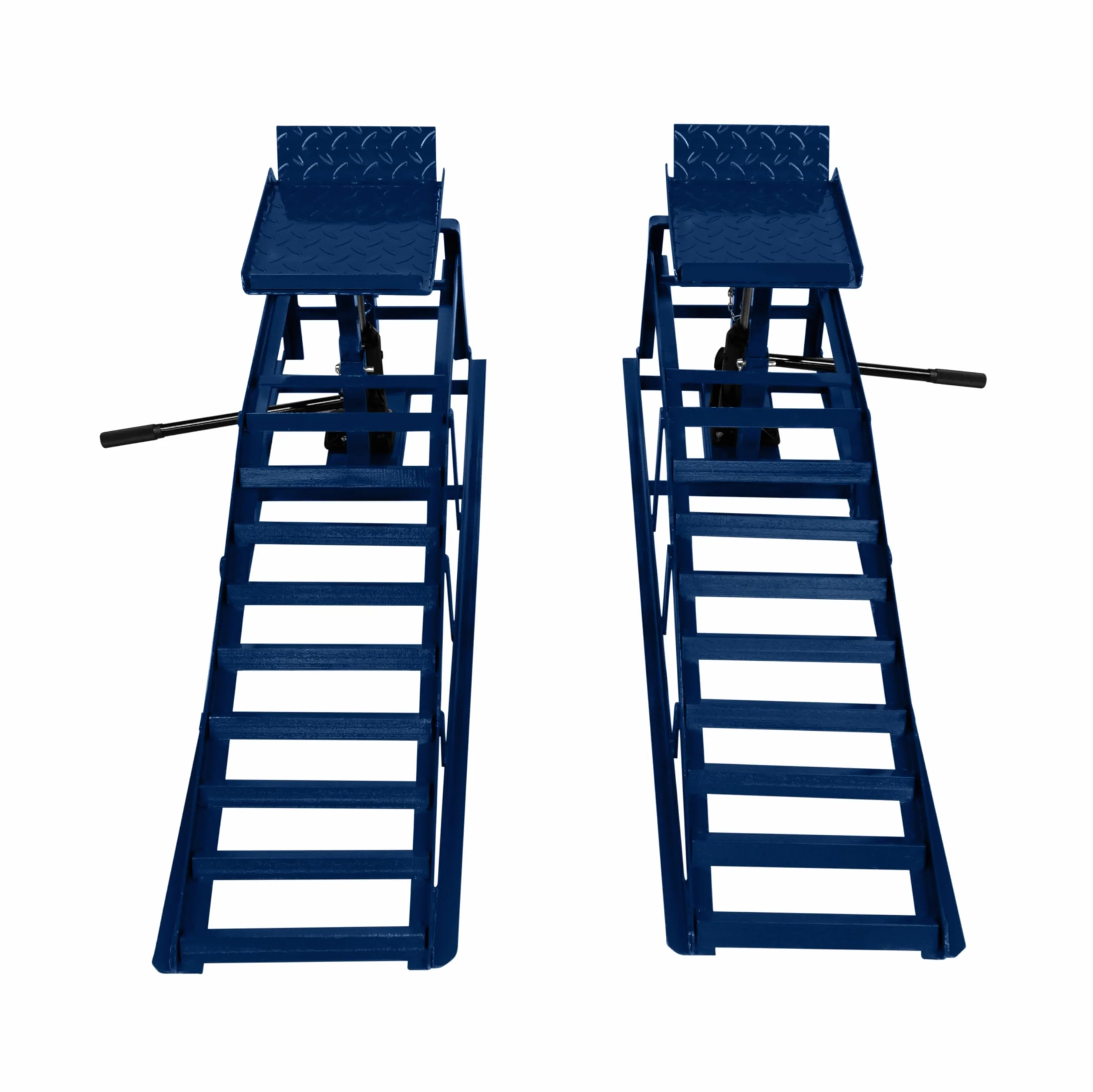2x Auffahrrampen Set mit hydraulischem Wagenheber 3T 3000kg | Garage Werkstatt Auto PKW KFZ | 270-390mm höhenverstellbar | 34x26cm Plattform | 245mm Max Reifenbreite | Blauer Stahl + Sicherungsbolzen